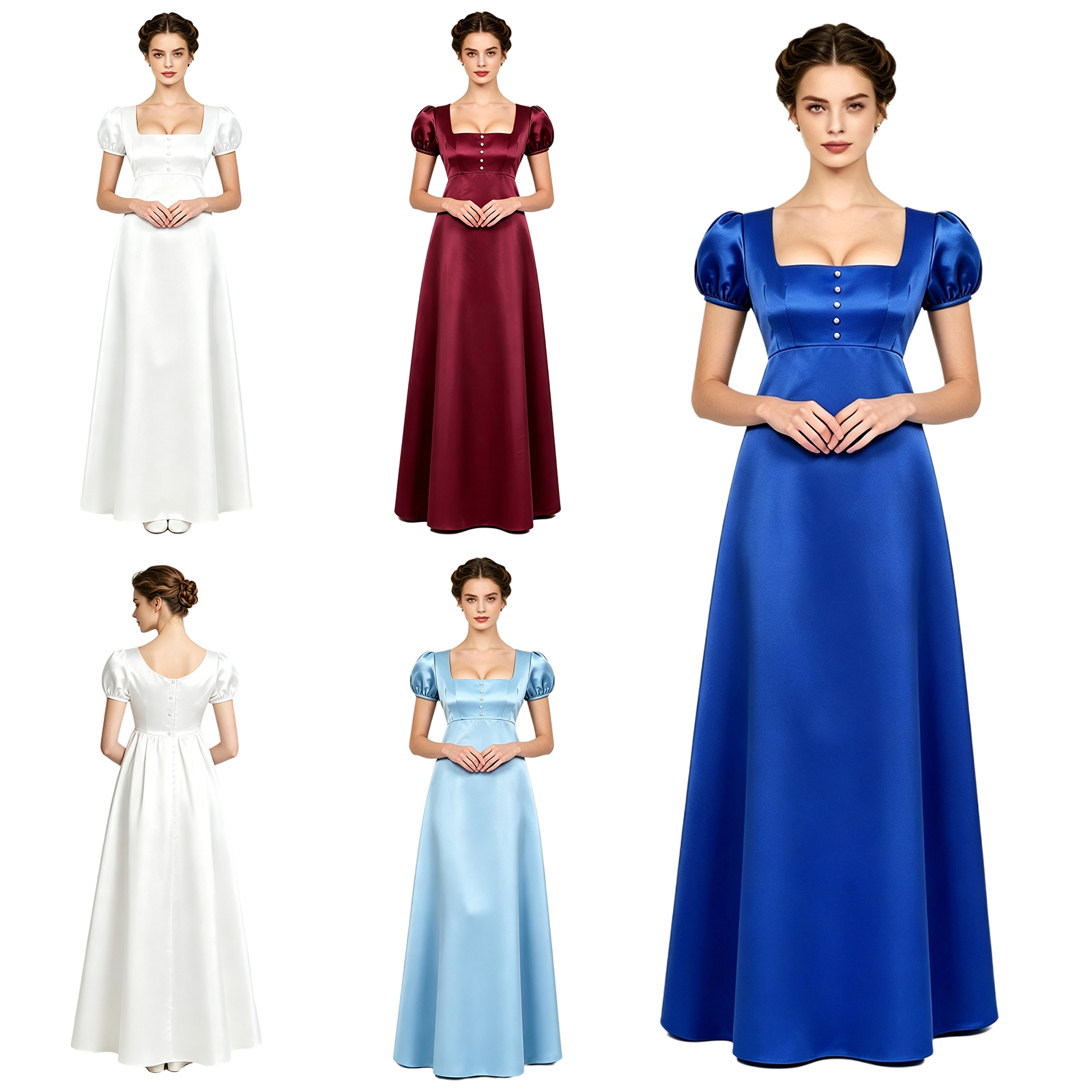 Robe longue de bal taille haute style régence pour femme, robe de princesse vintage pour tea party, robe longue élégante médiévale en satin à manches bouffantes