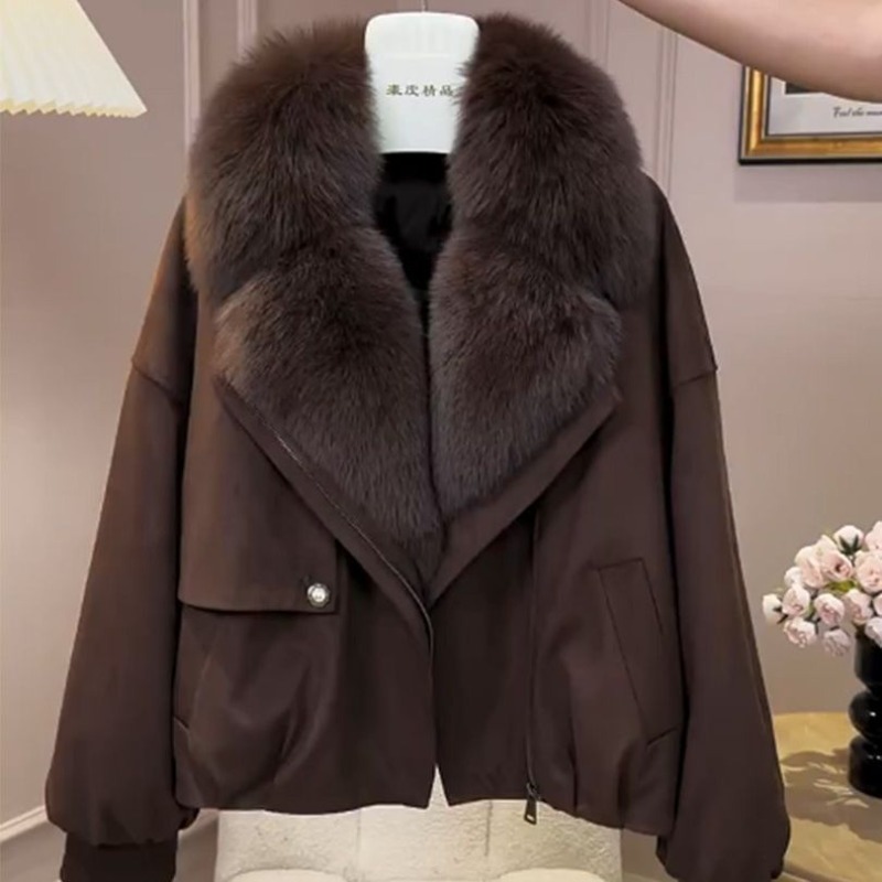Nouvelle Collection Hiver 2026 – Manteau Court en Coton Style Étranger avec Col en Fourrure Beige, Coupe Ample et Polyvalente pour Femme