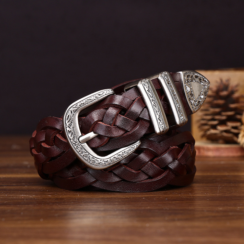 Ceinture tissée en cuir de vache pour hommes, nouvelle couche supérieure de 3.2cm, niche de personnalité rétro, ceinture décontractée