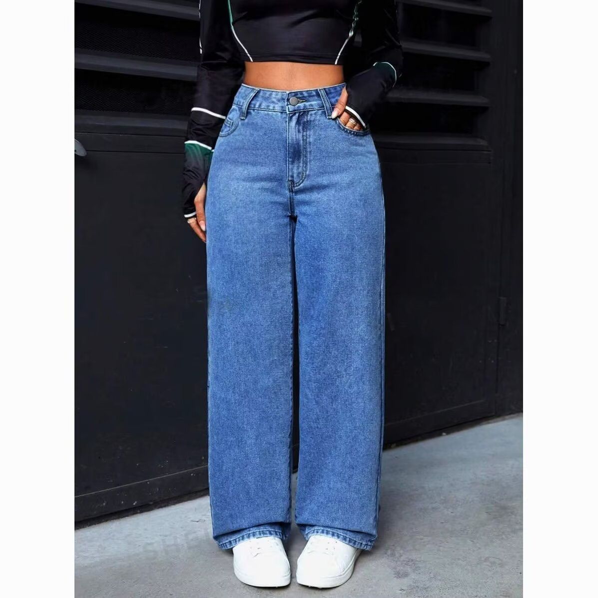 Jean droit taille haute couleur unie pour femme, coupe ample avec poches, idéal pour le quotidien et les tenues décontractées