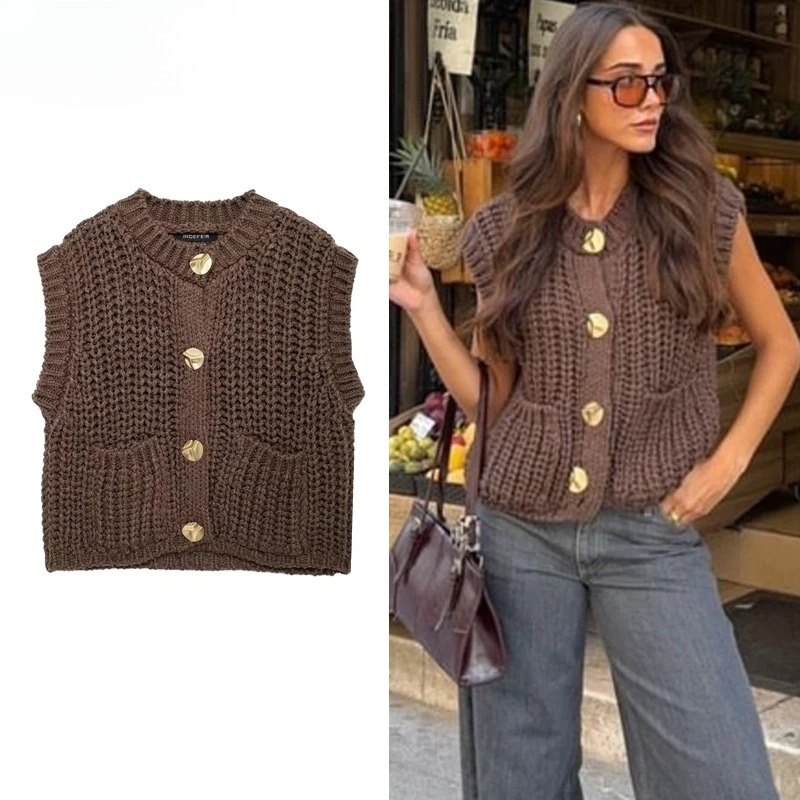 Gilet femme vêtements d'extérieur sans manches marron pull tricot gilet femmes Preppy recadrée chandails automne hiver gilet femme tricots