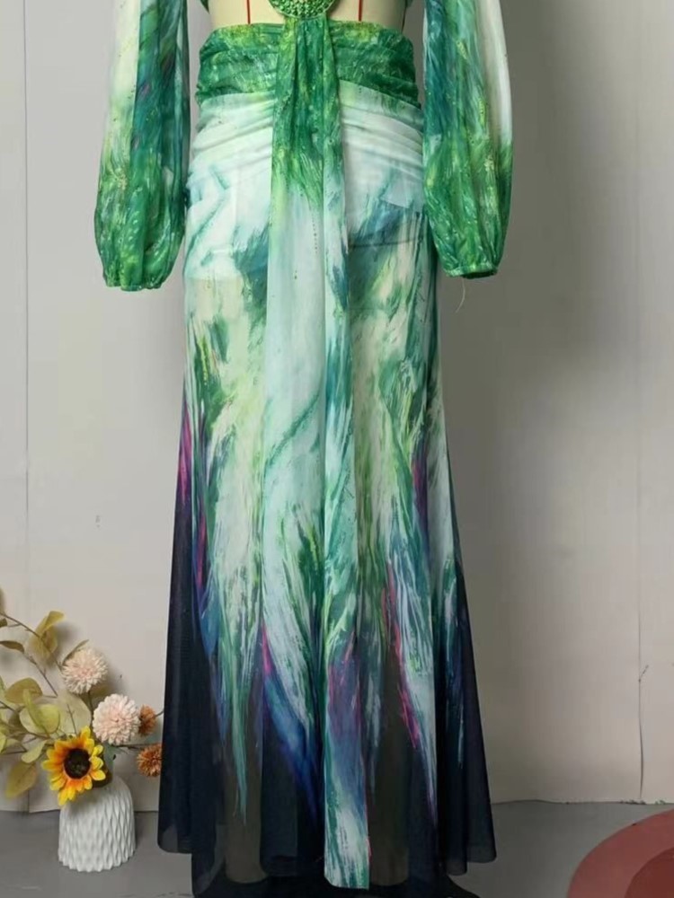 Robe femme 2025 mode été nouveaux robes Para Mujer femmes vacances Style élégant à manches longues fendu imprimé robes fendues