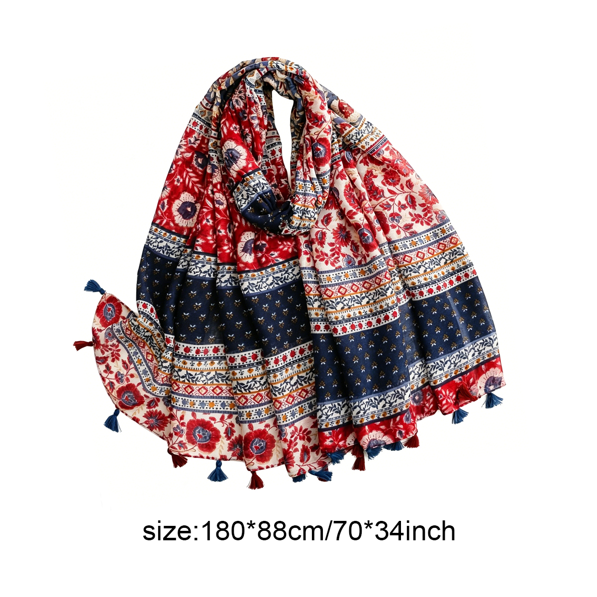 Écharpe bohème à imprimé floral pour femmes avec pompons, châle ethnique léger, 180x88cm, foulard tendance pour tenues décontractées quotidiennes