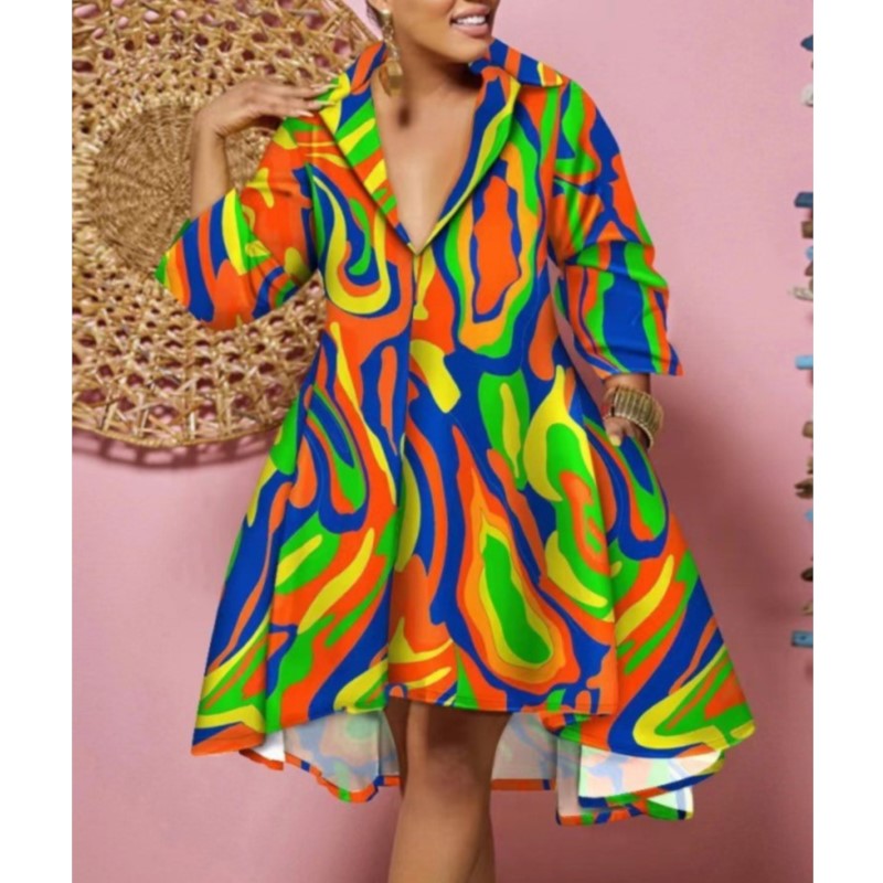 Femmes Sexy mode imprimé chemise robes Chic col en V ample à manches longues Robe casual vacances femme Mini robes Robe vêtements