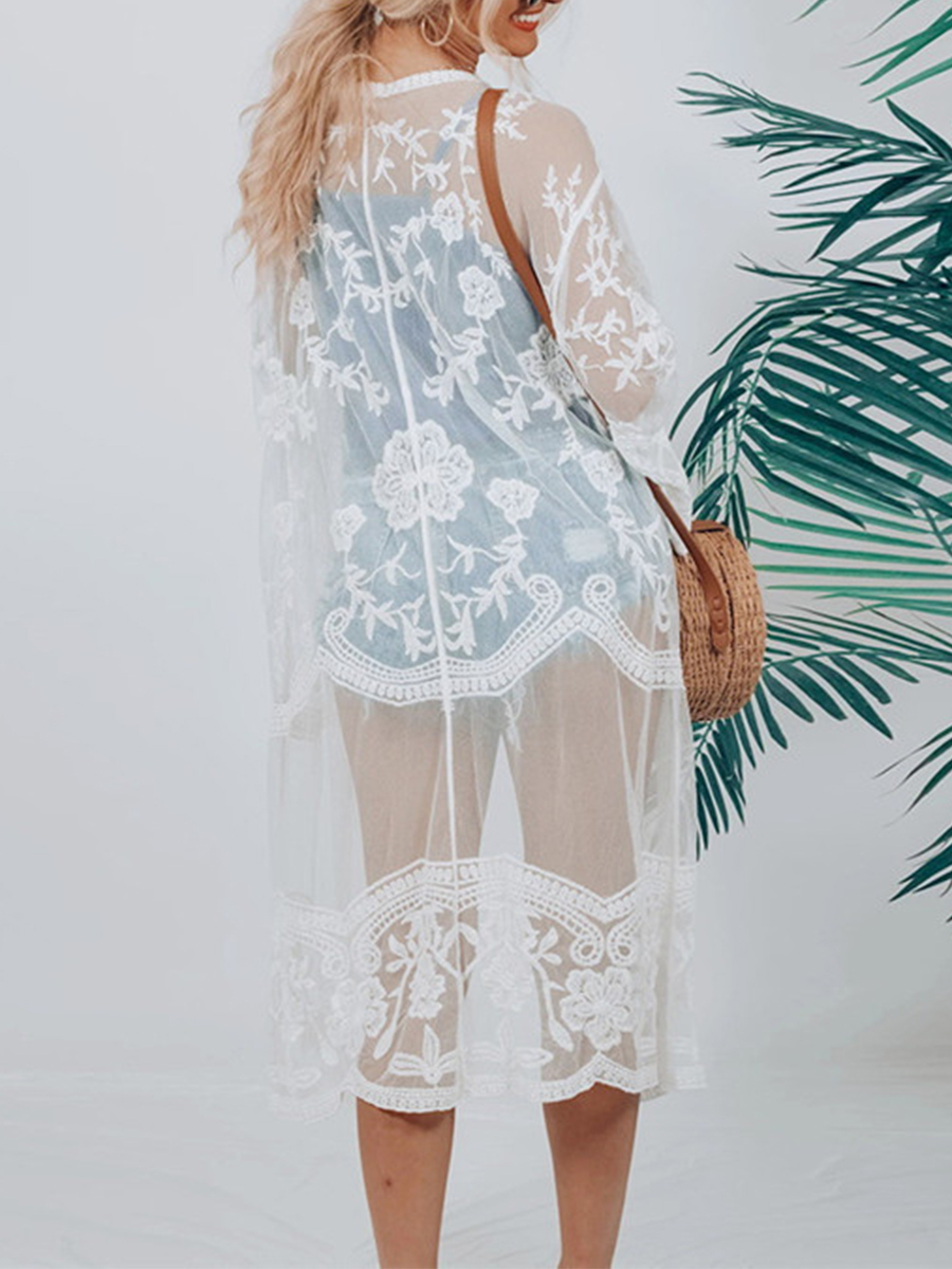 Robe de plage transparente brodée de fleurs pour femmes, cardigan uni, couverture de document, manches 3/4, vêtements de plage, vacances d'été