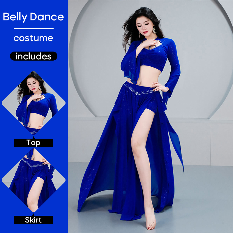 Ensemble de costumes de danse du ventre, haut + jupe en maille à manches longues, tenue pour femmes adultes, vêtements de spectacle sur scène, vêtements d'entraînement