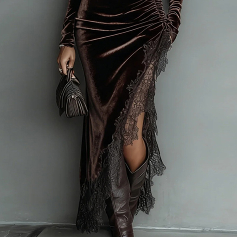 Velours Patchwork dentelle fente longue robe de soirée femme automne col roulé mince plissé Boho robe hiver à manches longues creux Maxi robe