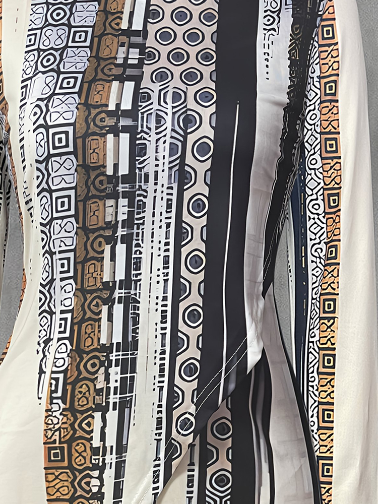 T-shirt à manches longues imprimé ethnique pour femmes, ourlet irrégulier, haut à motifs artistiques, coupe ample décontractée, mode Unique pour le quotidien