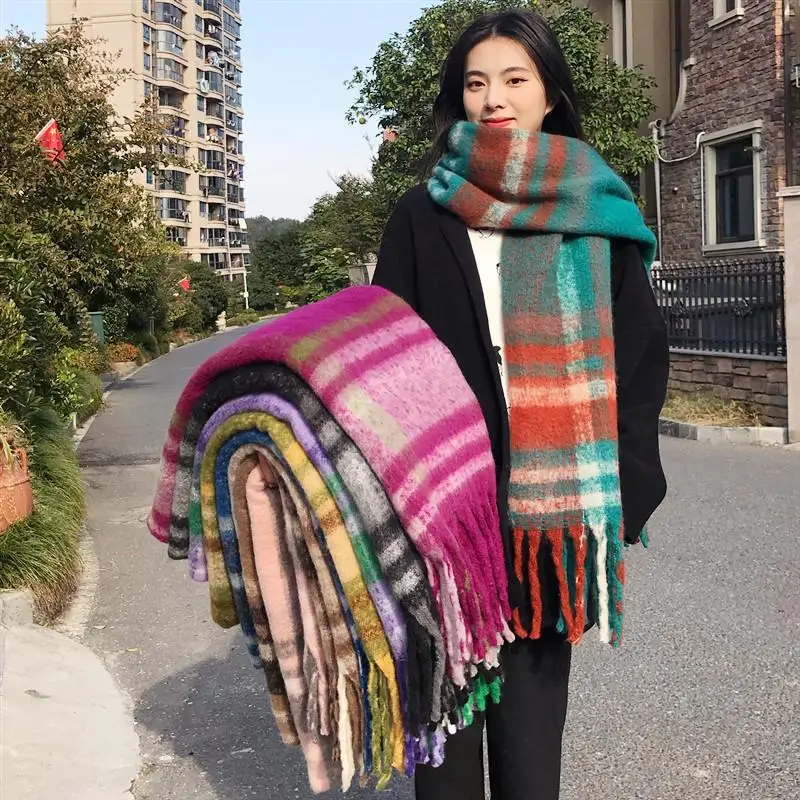 Écharpe en mouton épaisse et douce, style coréen, à franges, à carreaux, classique, en laine tricotée, pour l'automne et l'hiver, pour la chaleur et la mode