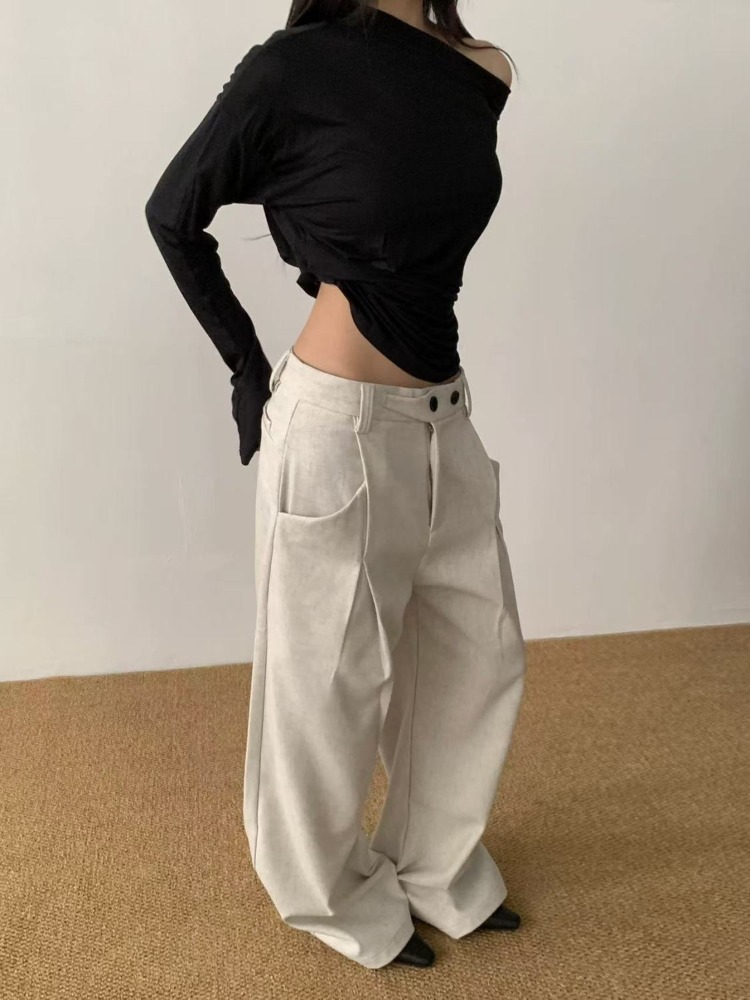 Pantalon droit froissé à jambes larges pour femmes, Style de transport, bas de printemps pour filles, Baggy, taille haute, ample