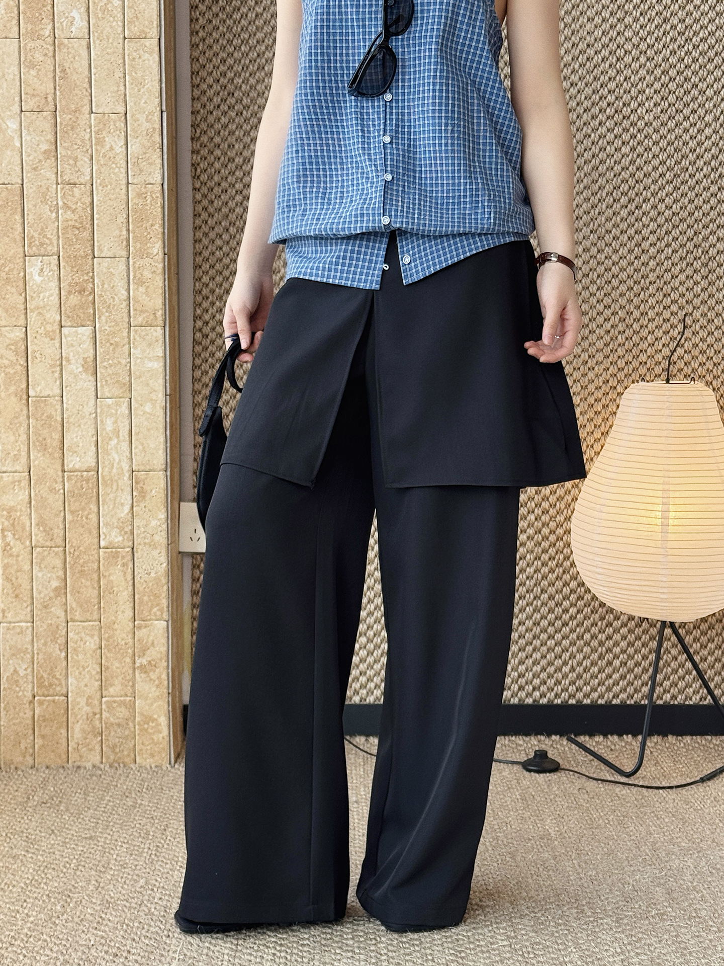 Nouveauté été : Pantalon décontracté coréen déstructuré à superpositions non amovibles, coupe droite, effet lisse, pour femme