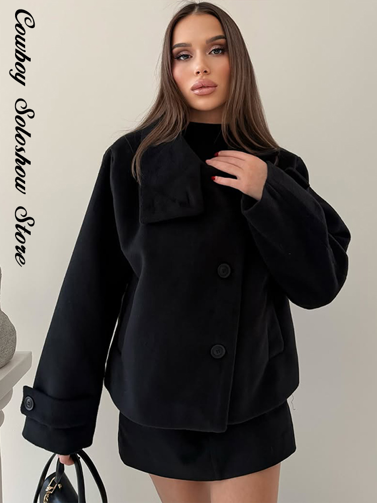 Manteau en laine à col haut uni pour femmes, élégant, chaud, à simple boutonnage, manches longues, avec poches, manteau court, nouvelle veste d'hiver quotidienne pour femme.
