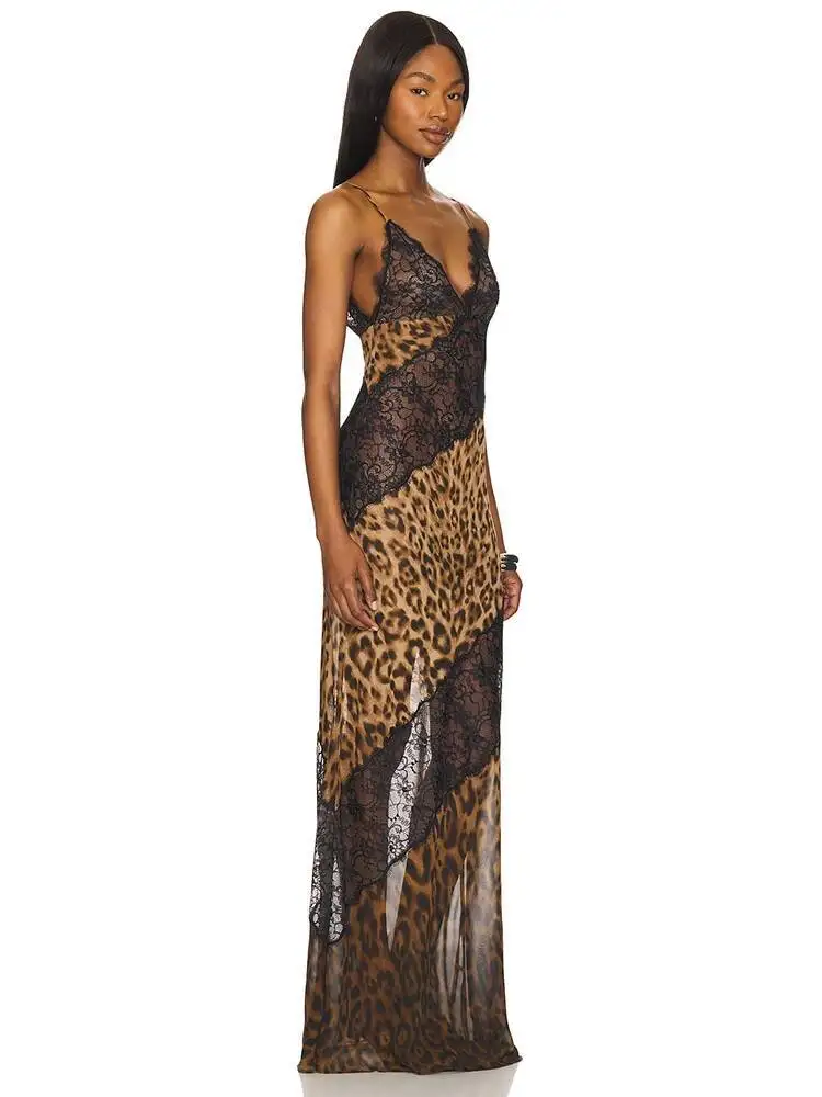 Robe Maxi Sexy imprimé léopard, bretelles Spaghetti, Patchwork, transparente, sans manches, dos nu, robe de soirée, boîte de plage