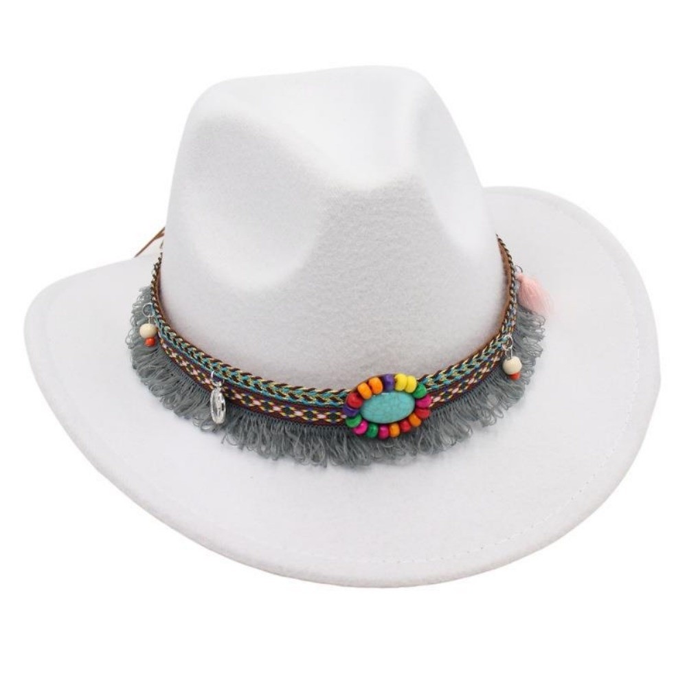 Chapeau de cowboy de style ethnique occidental, couleur unie avec pompons, chapeau tibétain à large bord, chapeau de cowgirl coloré à bord roulé en corde