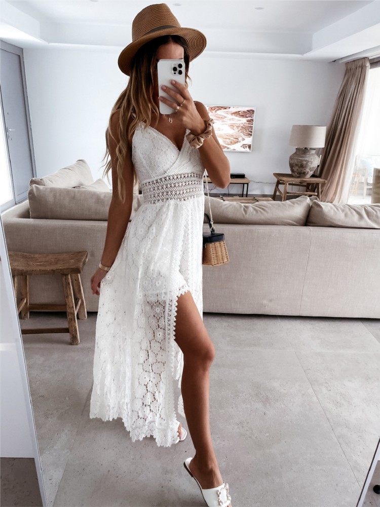 Robe longue unie à bretelles en dentelle, col en V, taille élégante, nouvelle collection été 2026, pour femme