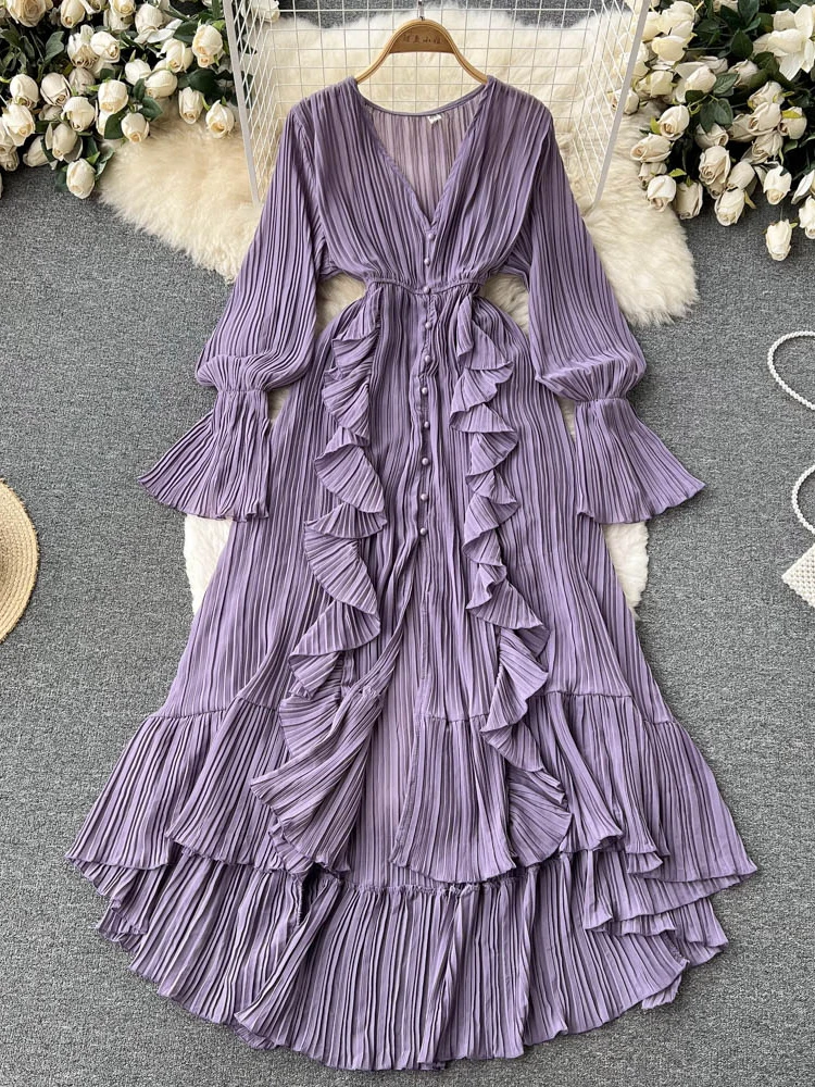 Robe longue plissée en mousseline de soie pour femme, col en V, dentelle, simple boutonnage, robe trapèze, vintage, élégante, plage, cuir chevelu