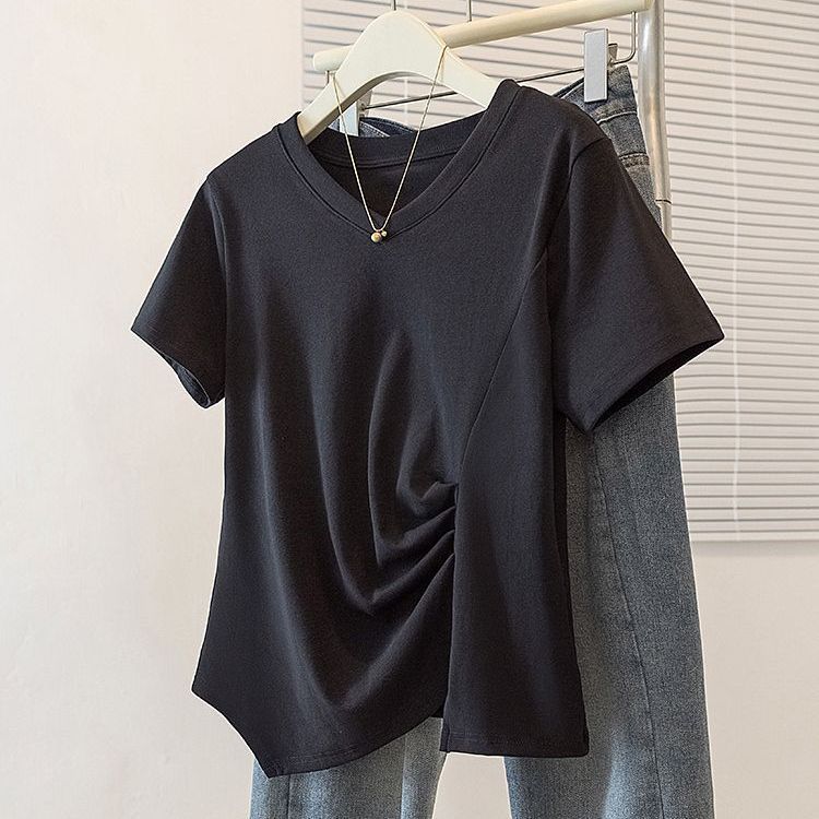 Vêtements pour femmes de grande taille, printemps et été, nouveau t-shirt décontracté ample et fin à plis irréguliers à l'intérieur et à l'extérieur, à manches courtes