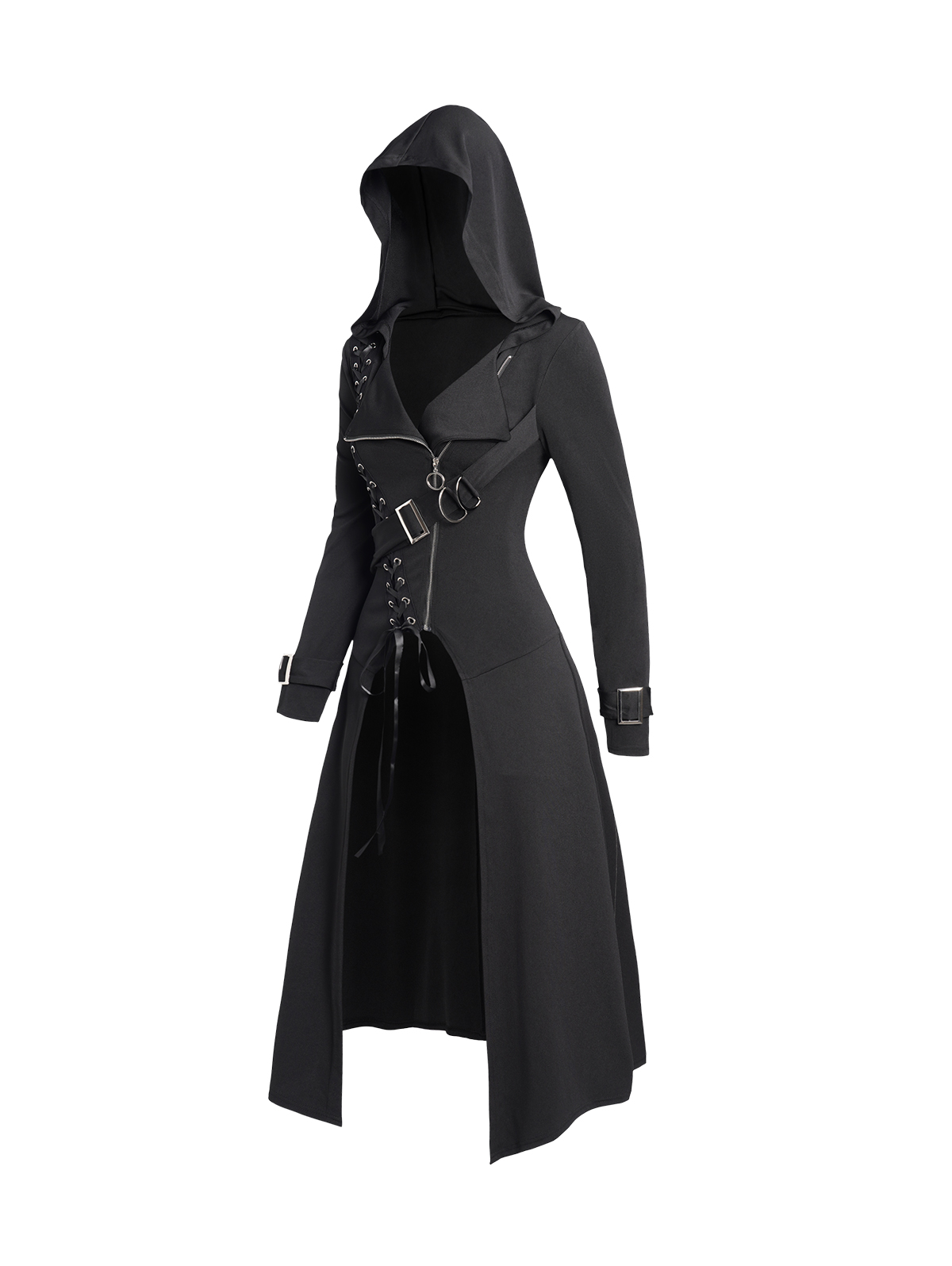 Manteau Gothique Punk à Capuche pour Femme, Vêtement d'Extérieur à Lacets, Fermeture Éclair, Manches sulf, Collection Automne-Hiver