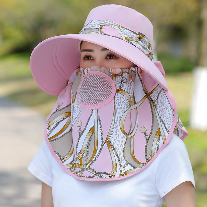 Chapeau d'ombrage de travail de jardin à large bord pour femmes, poignées de masque facial, chapeau de soleil amovible, imprimé extérieur, chapeau de poisson respirant, protection UV, été