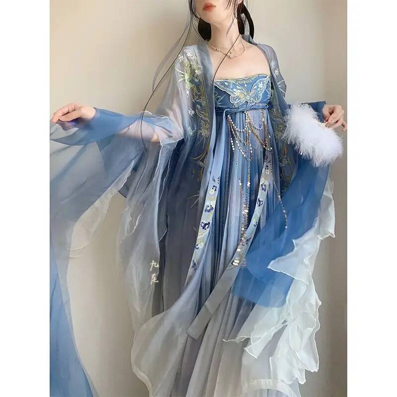 Robe Hanfu brodée bleue pour femmes, style traditionnel chinois, col rond, robe de performance pour filles, nouvelle collection printemps et été pour adultes