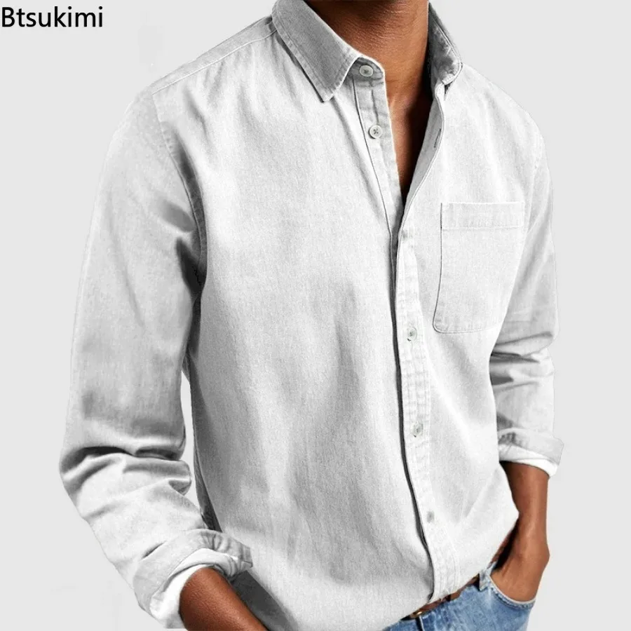 2026 mode vêtements pour hommes respirant coton à manches longues chemise ample décontractée hommes Simple revers hauts Vintage tout-match homme Blouse