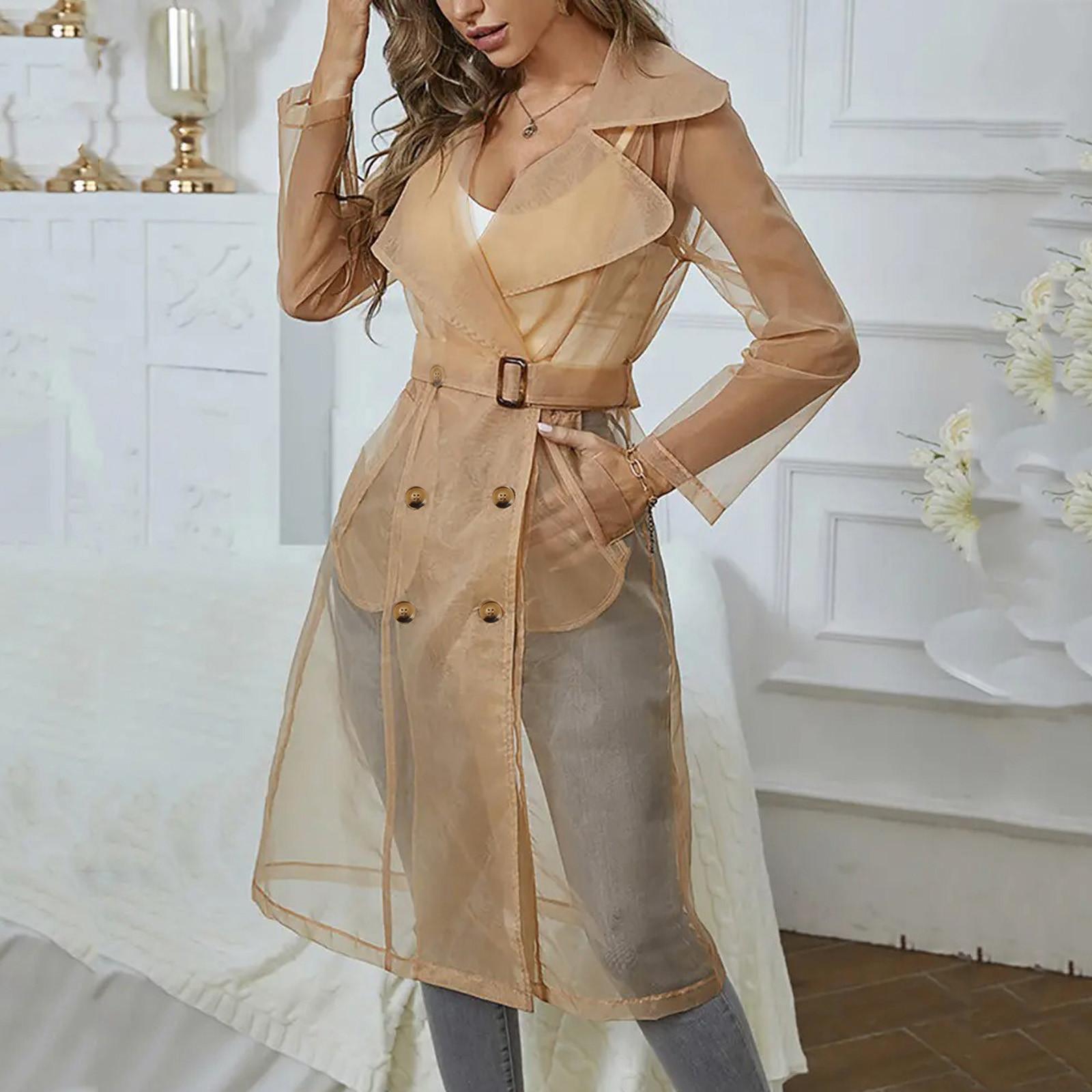 Vestes pour femmes, pardessus Transparent en maille, manteau boutonné à manches longues avec ceinture, col rabattu, vestes longues légères