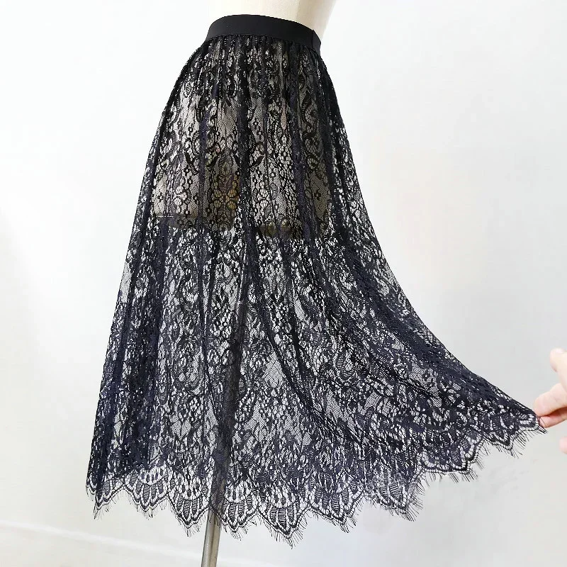 Jupe longue élégante noire en dentelle blanche transparente, jupe longue en tulle, jupe midi de plage à taille haute élastique pour femmes, livraison directe