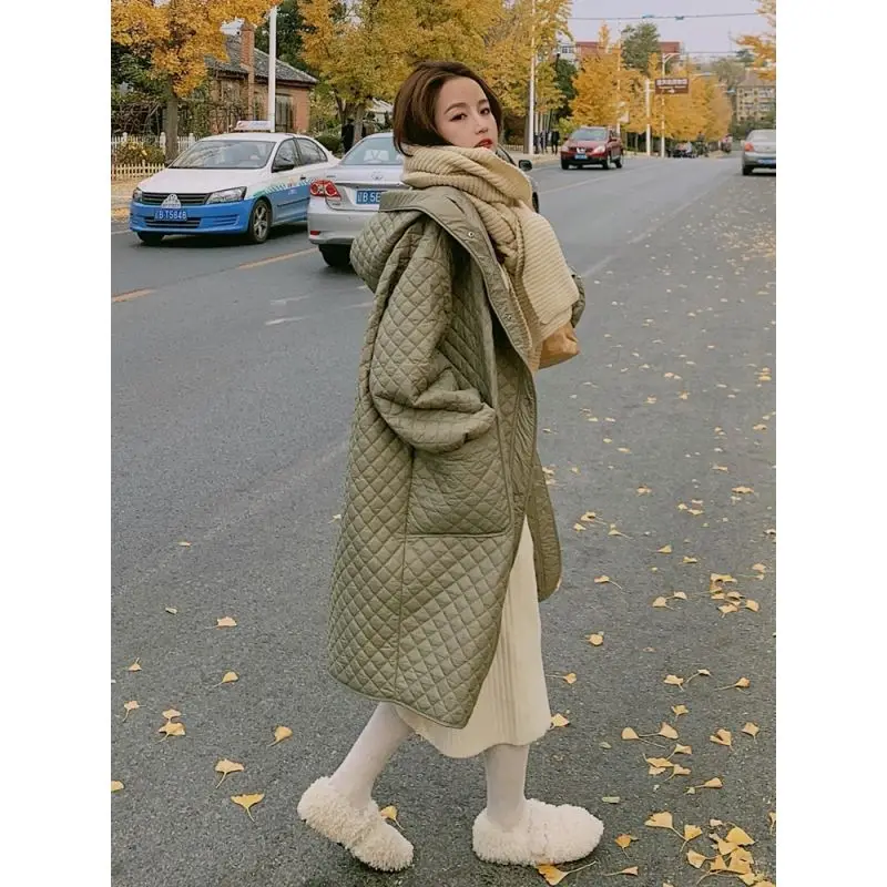 Manteau en duvet de coton de longueur moyenne à capuche pour femme, manteau coupe-vent à grande poche, mode coréenne, automne et hiver