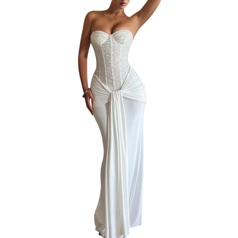 Robe femme mode dos nu solide mince longue robe de soirée élégante été ruban paillettes discothèque Sexy robes de soirée Cocktail