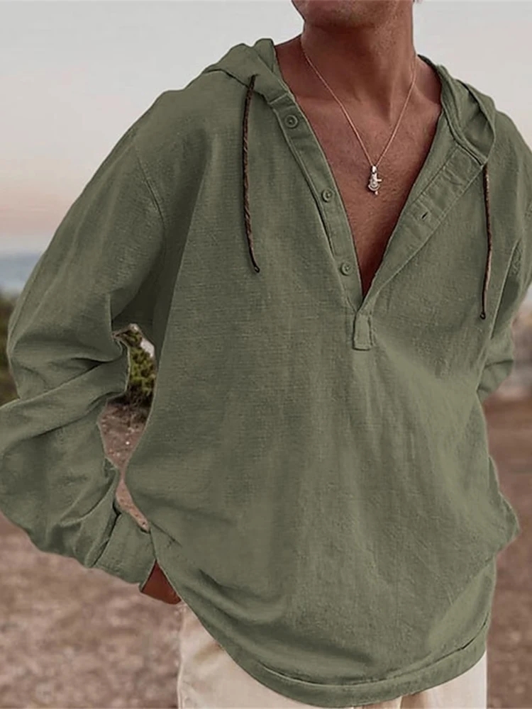 Chemise à capuche Vintage en coton et lin pour hommes, manches longues, col en V, hauts d'automne, chemises amples décontractées, chemisier de plage en bord de mer