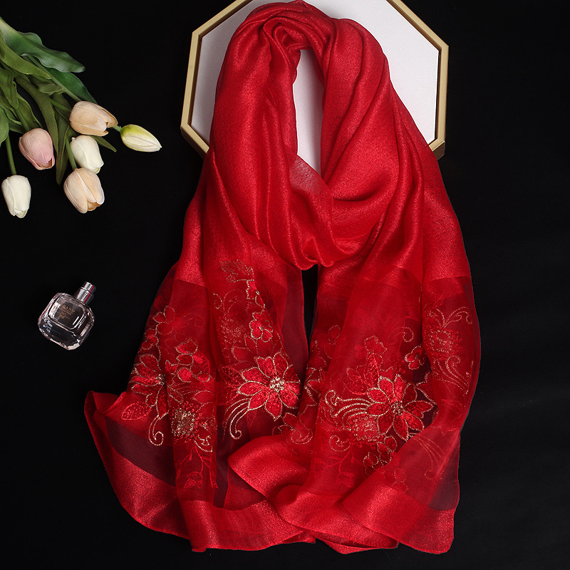 Foulard châle en soie de luxe pour femmes, Design brodé de fleurs, enveloppes Hijab, Bufandas, Foulard féminin, 2024