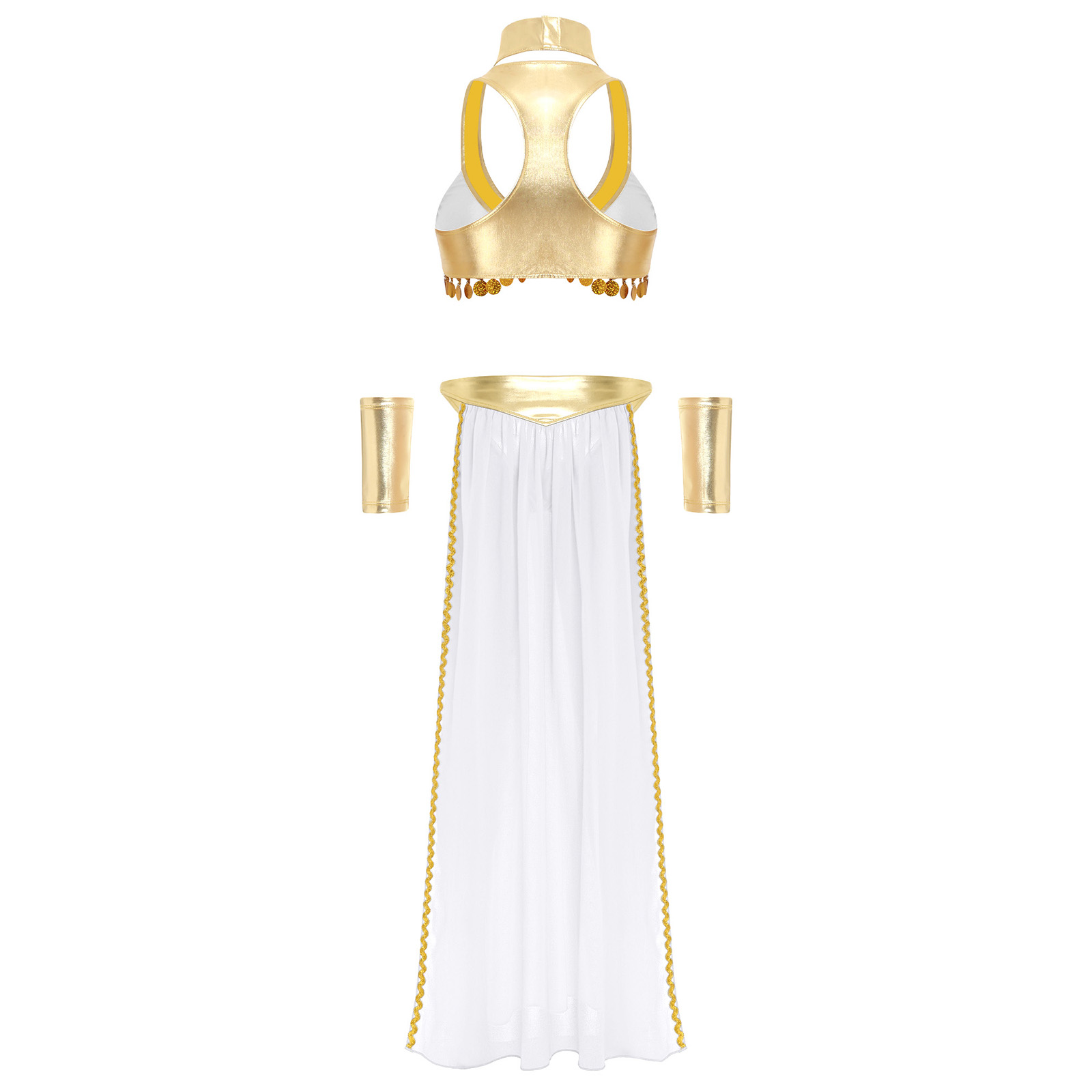 Tenues de Cosplay reine égyptienne antique pour femmes, haut court à col avec jupe en mousseline de soie, métallique brillant, danse du ventre indienne