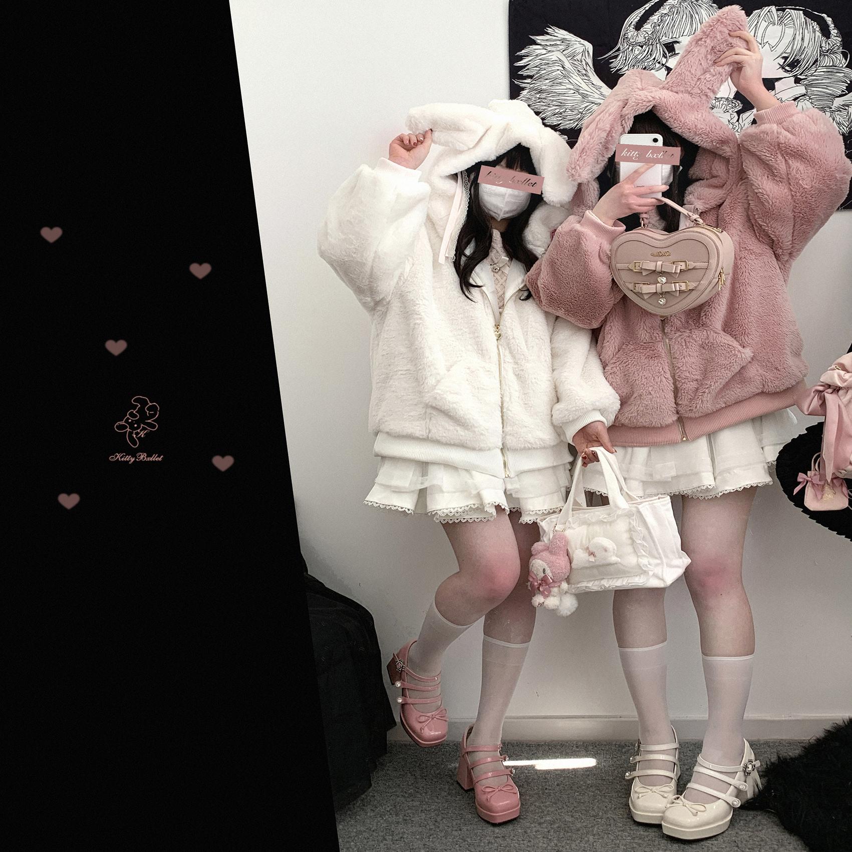 Moelleux lapin arc Zip à lacets femmes vêtements japon ample chaud à capuche Patchwork sweats à capuche Preppy belle bureau dame vêtements d'extérieur décontractés