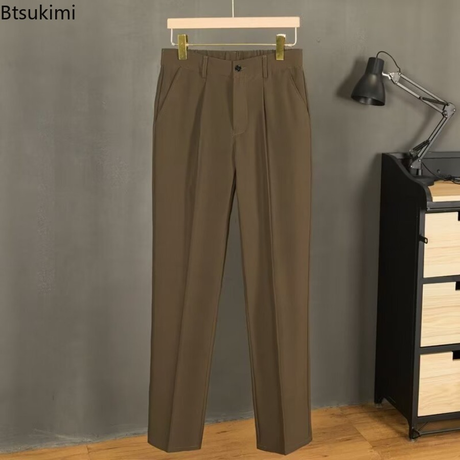 Pantalon d'été taille moyenne pour hommes, tenue décontractée, couleur unie, boutons, Slim, formel, bureau, Social, robe de soirée de mariage, costume