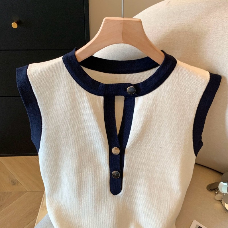 T-shirt sans manches élégant pour femme, col rond boutonné, tricot colorblock, débardeur d'été élastique pour le quotidien