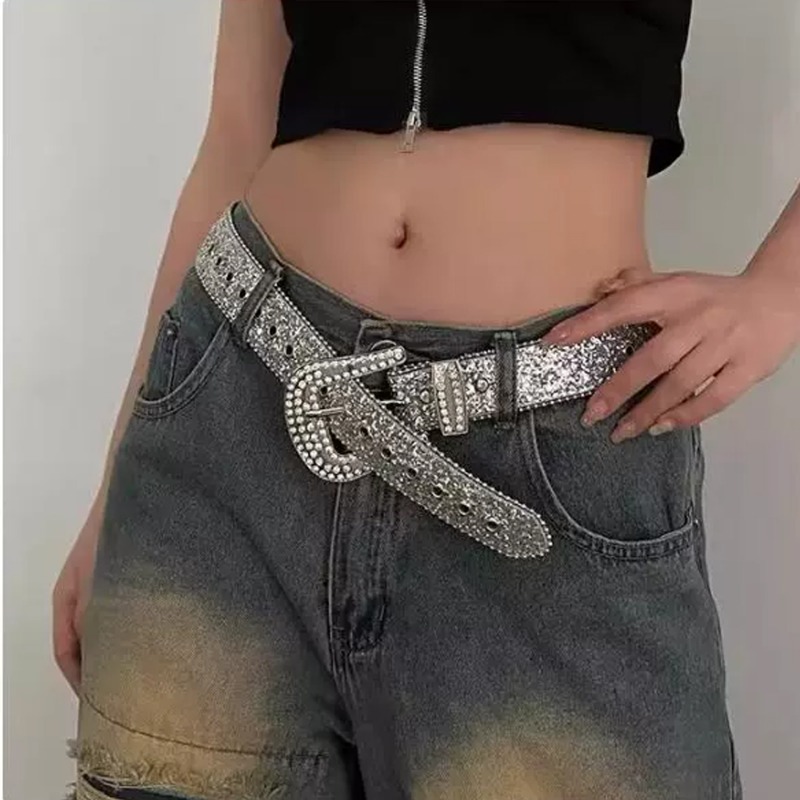 Ceinture pour femme en cuir PU, ornée de strass, pour club, soirée, style rétro américain, punk, mode Y2K, ceinture scintillante