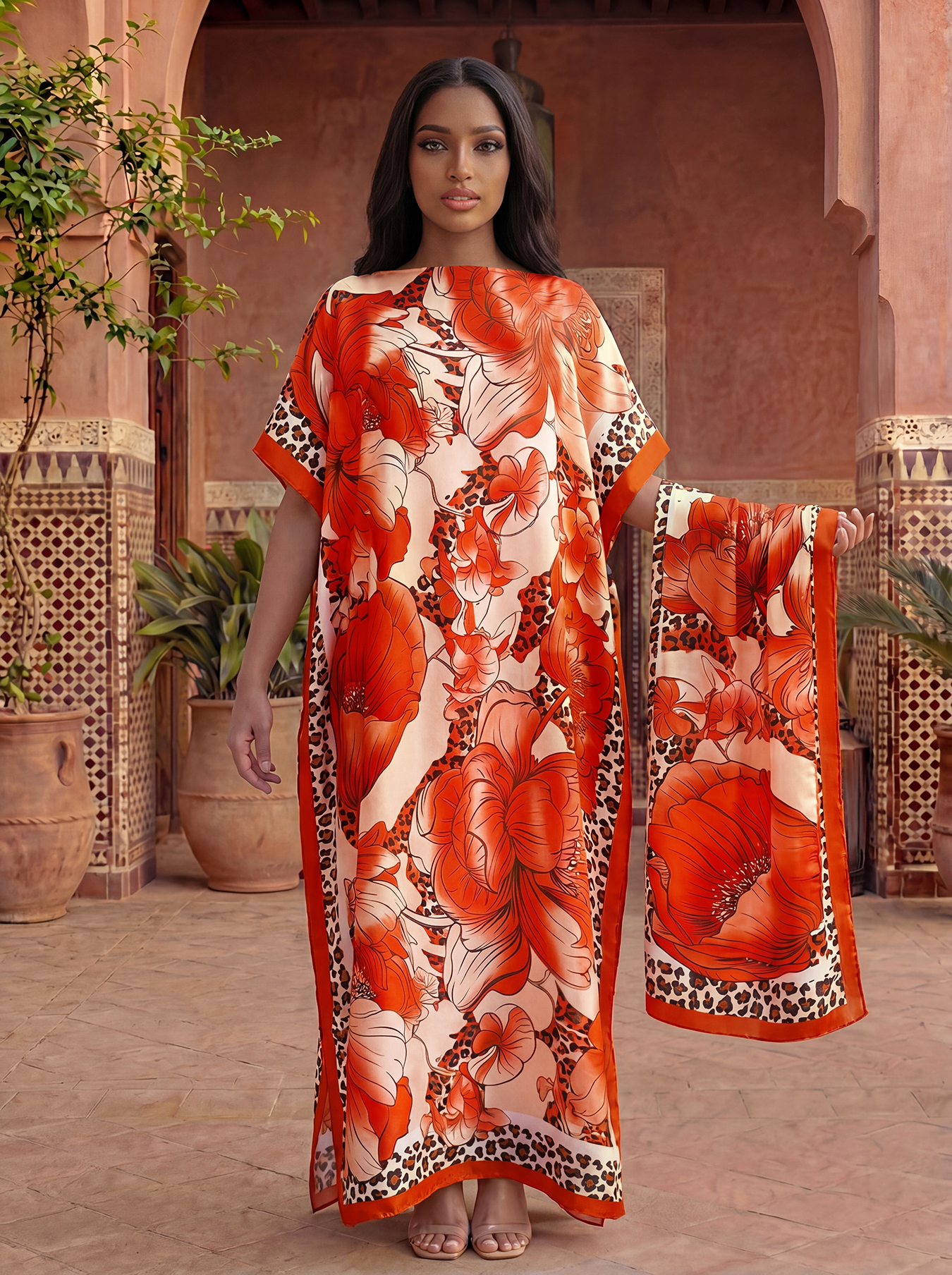 Abaya en satin à imprimé floral léopard avec foulard, kaftan maxi ample pour femmes musulmanes, tenue de plage estivale