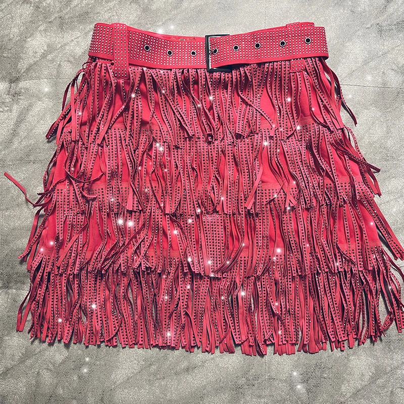Femmes jupe mode 2025 nouveau automne taille haute ceinture multicouche courte lourde forage strass jupe à franges avec gâteau une ligne
