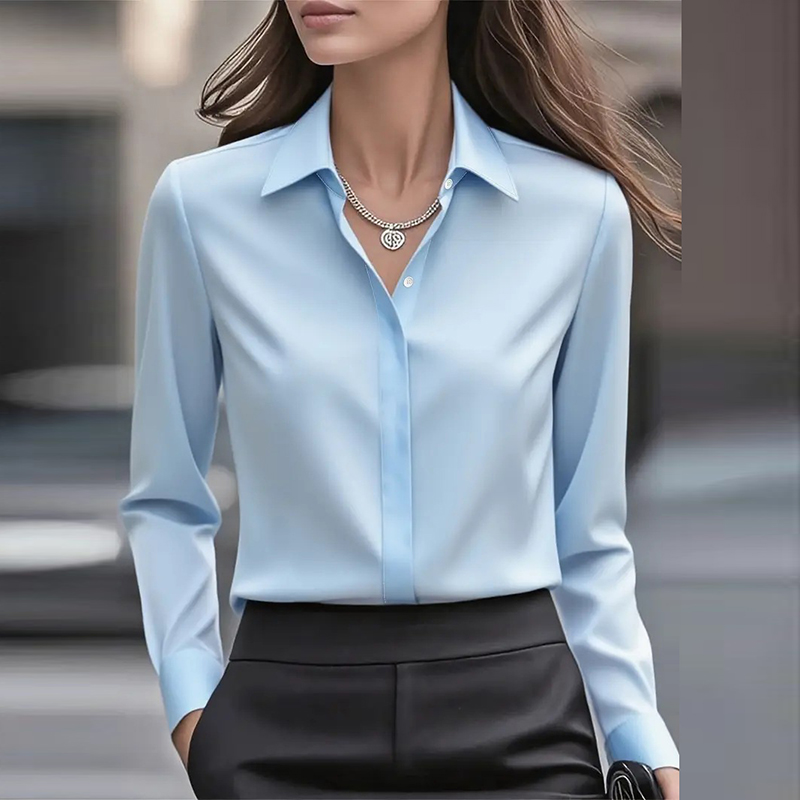 Nouveau bureau dame chemise femmes col rabattu à manches longues bouton Blouse femmes mode solide chemise formelle bleu blanc noir gris