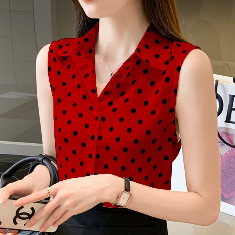 Chemise en mousseline de soie imprimée à pois pour femmes, chemisiers précieux, col polo, bouton, mode coréenne, été, 2024