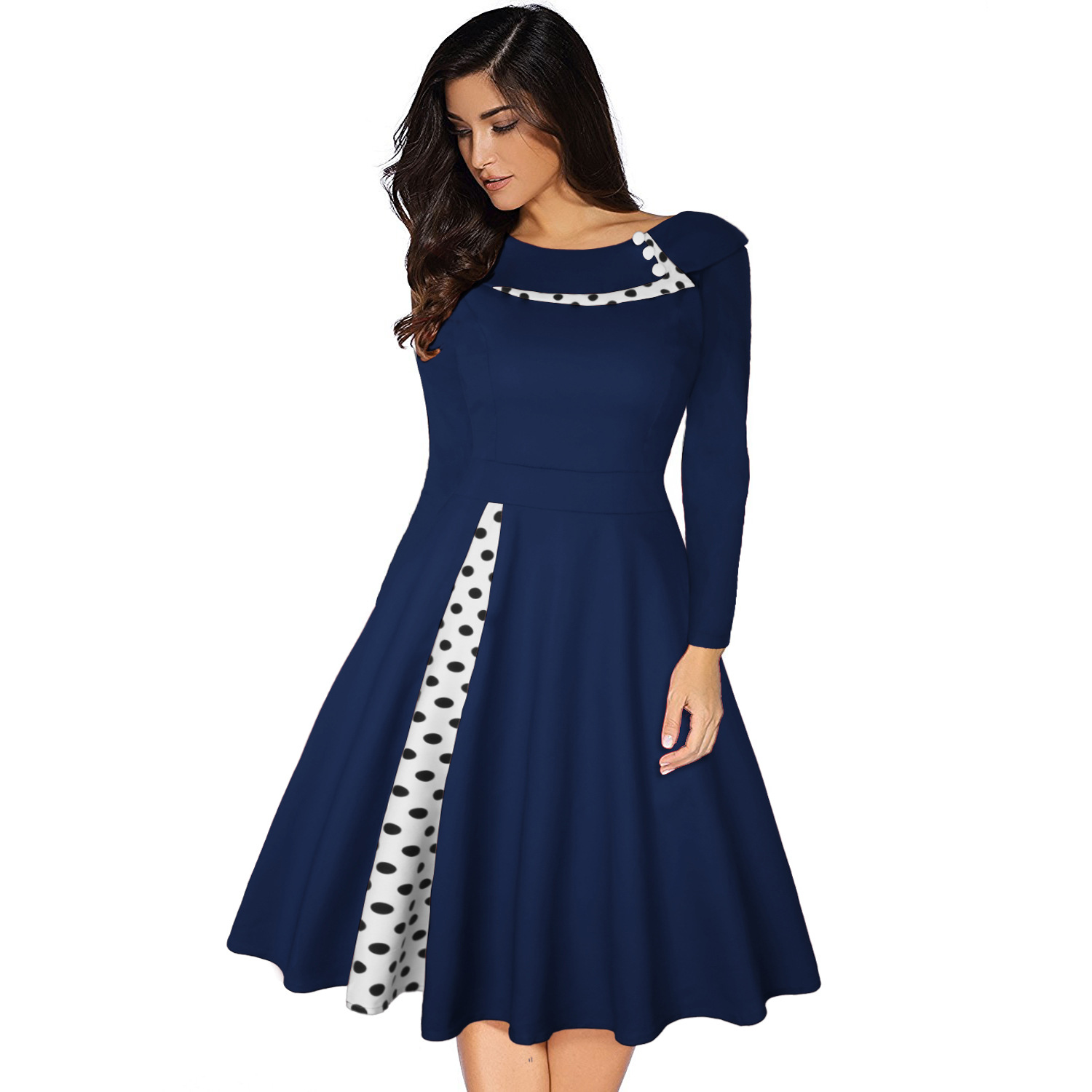 Robe Vintage pour femmes Rockabilly à pois imprimé Sexy Patchwork à manches longues taille haute balançoire décontracté fête Midi robes Robe