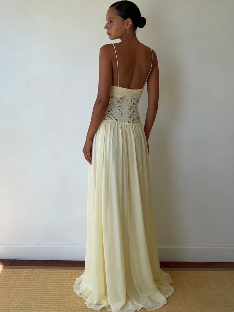 Robe longue élégante pour femme, style vintage, en dentelle et mousseline, pour soirée, mariage, cocktail, bal, nouvelle collection, rose, jaune, bleu