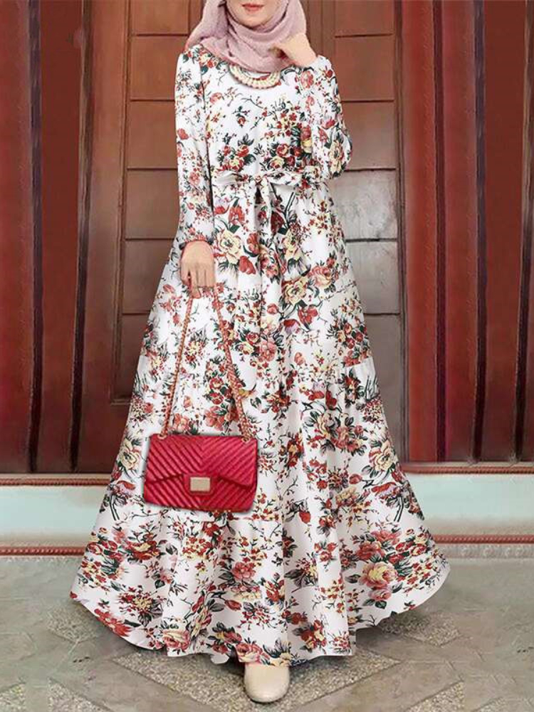 Abaya-Robe musulmane à fleurs pour femmes, manches longues, imprimé floral, plissé, ceinture, caftan décontracté, ramadan, Maroc