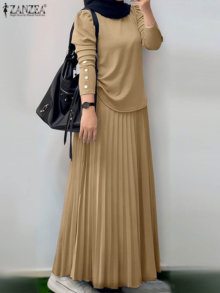 ZANZEA musulman Hijabi 2 pièces ensembles jupes Maxi plissées et chemisiers froncés à manches longues 2 pièces costumes tenues modestes islamiques 4 couleurs