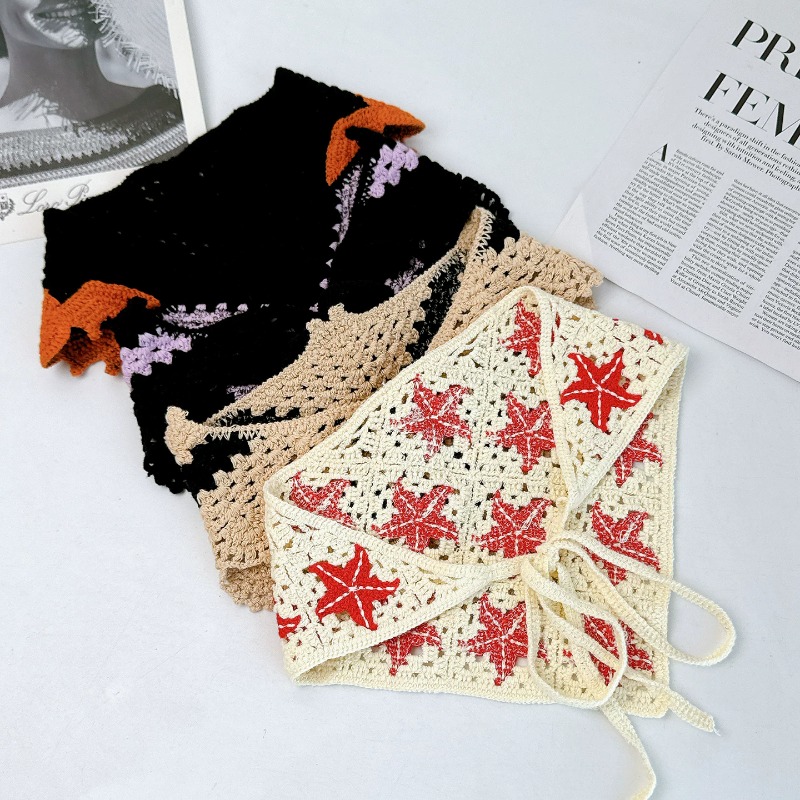 Foulard triangulaire en crochet à motifs colorés style gothique rétro pour femme, idéal pour l'été, les voyages et les photos, polyvalent, style littéraire, bonnets.