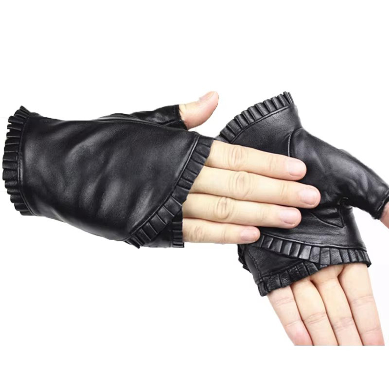 Gants en cuir demi-doigts pour femmes, style mode quatre saisons, en peau de mouton, pour la conduite, le sport en plein air et le cyclisme, antidérapants