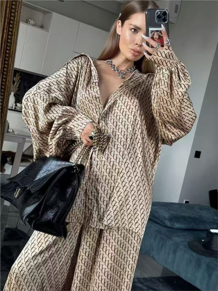 Femme printemps automne deux pièces ensemble femme mode imprimé col rabat manches longues chemise pantalon à jambes larges costume dames tenue décontractée