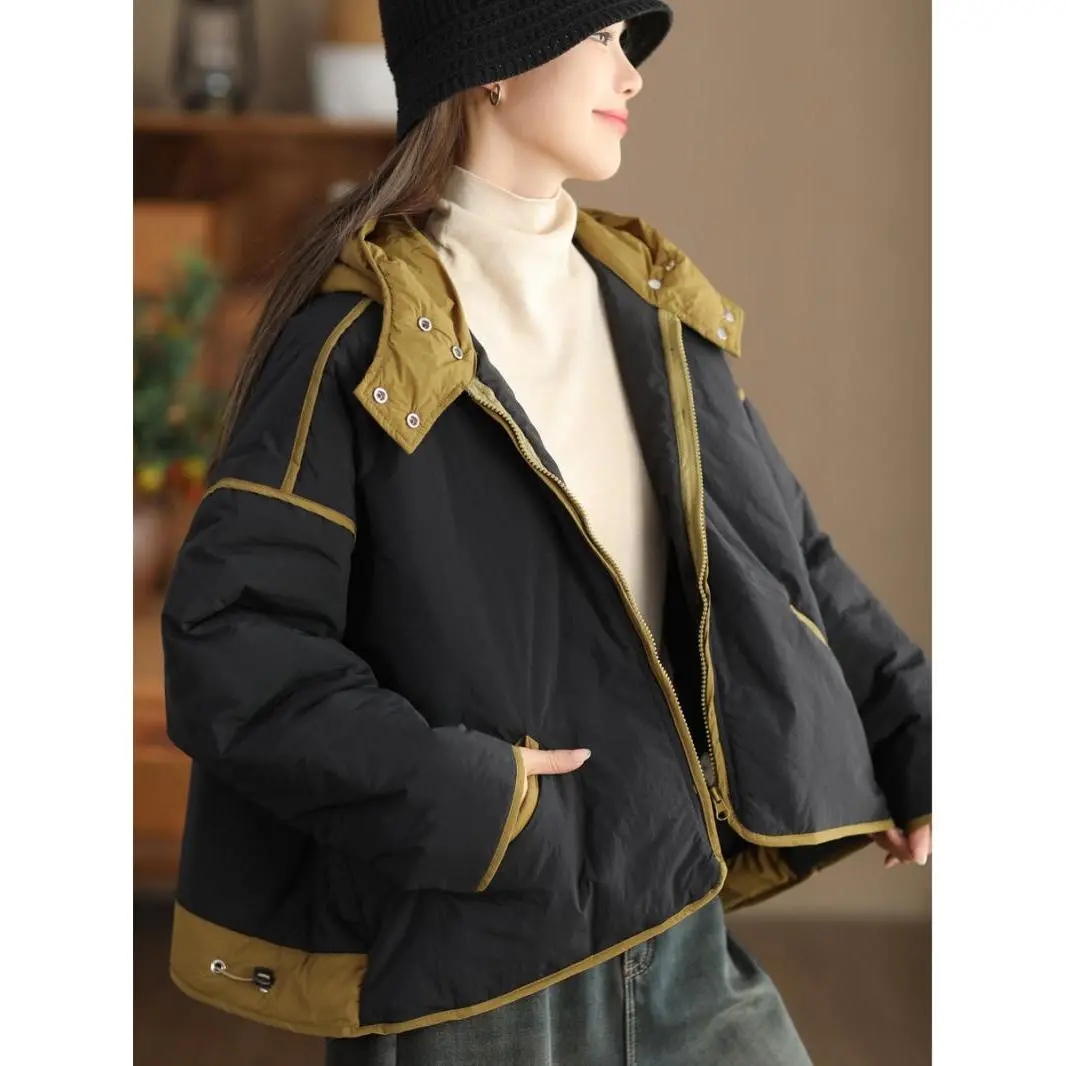 Veste matelassée à capuche et cordon de serrage pour femme, manteau chaud ample et fin en coton, couleur contrastée, mode automne et hiver, w1502