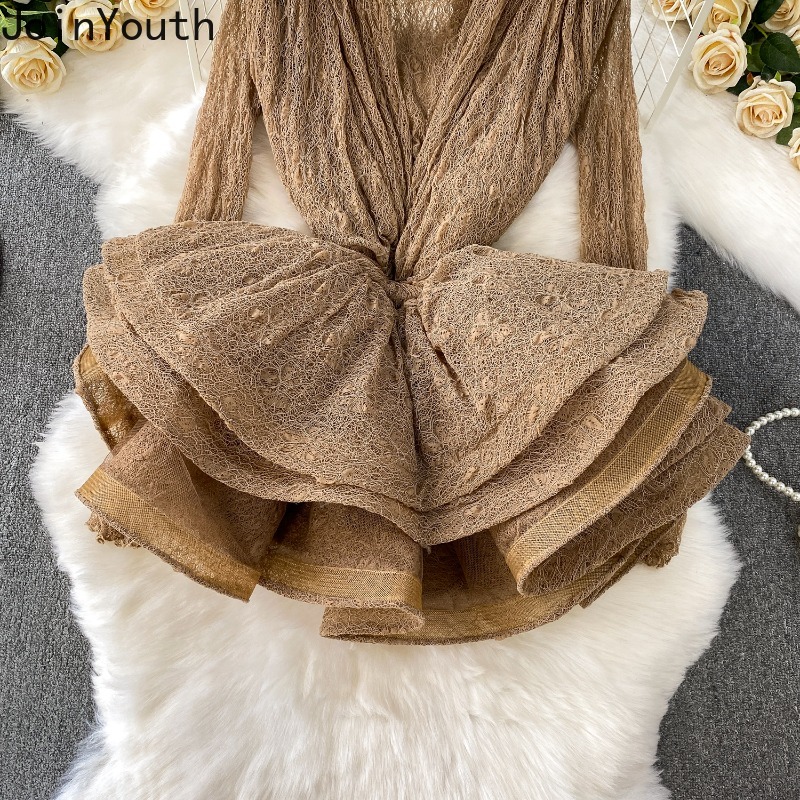 Ensemble de vêtements 2 pièces en dentelle pour femmes, chemises Sexy à manches longues, taille fine, à volants, sans manches, costume, tenues à la mode, vêtements coréens