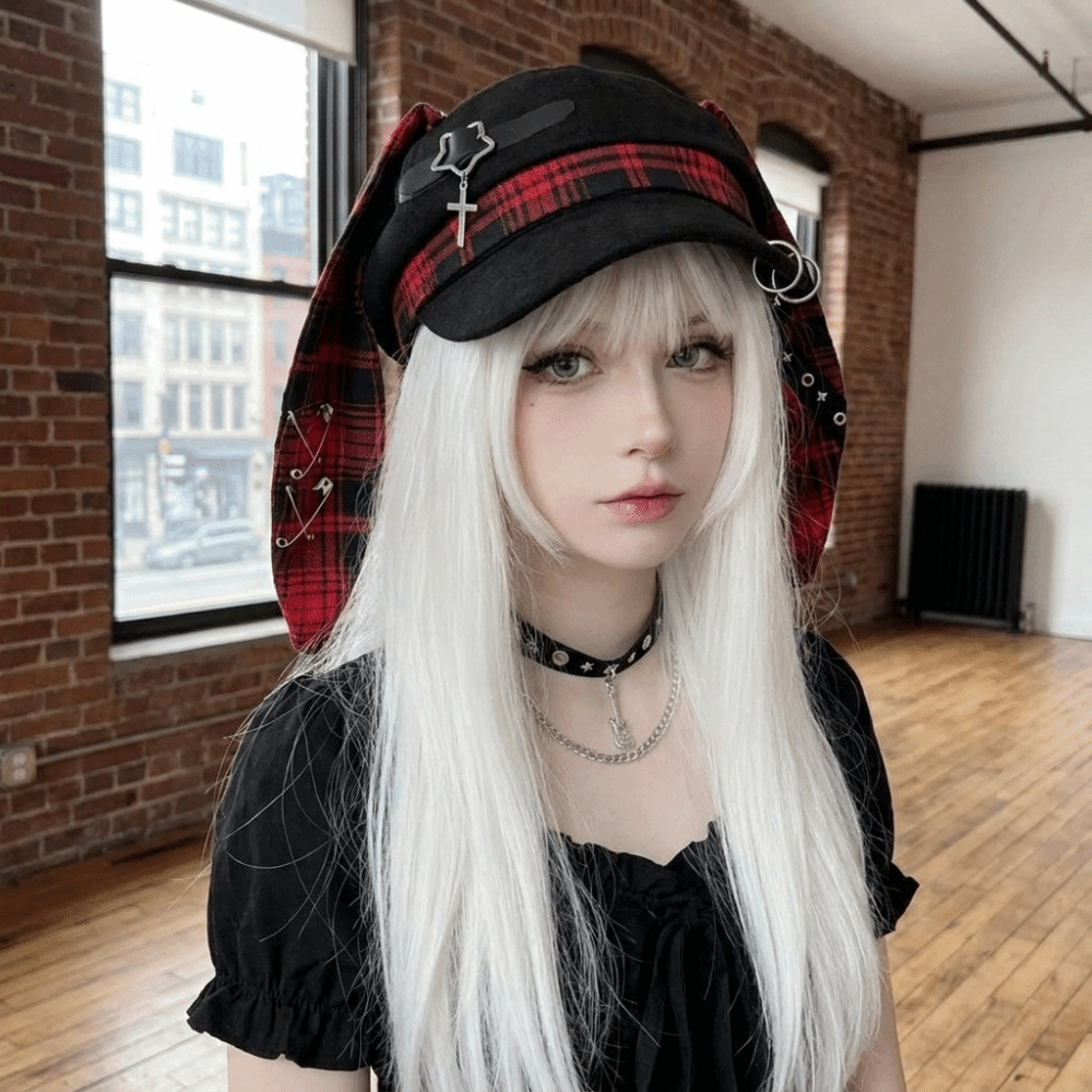 Chapeau Béret à Oreilles de Lapin Tendance, Motif Écossais, Bord Fin Irrégulier, Style Peintre Artistique, Casquette Lollita Gothique Newsboy pour Filles